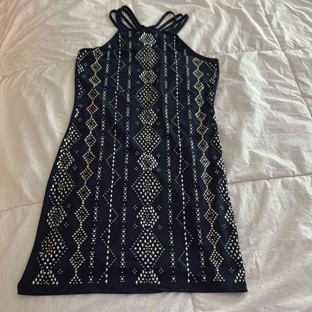 White House Black Market Black Dress with White Geometric Design